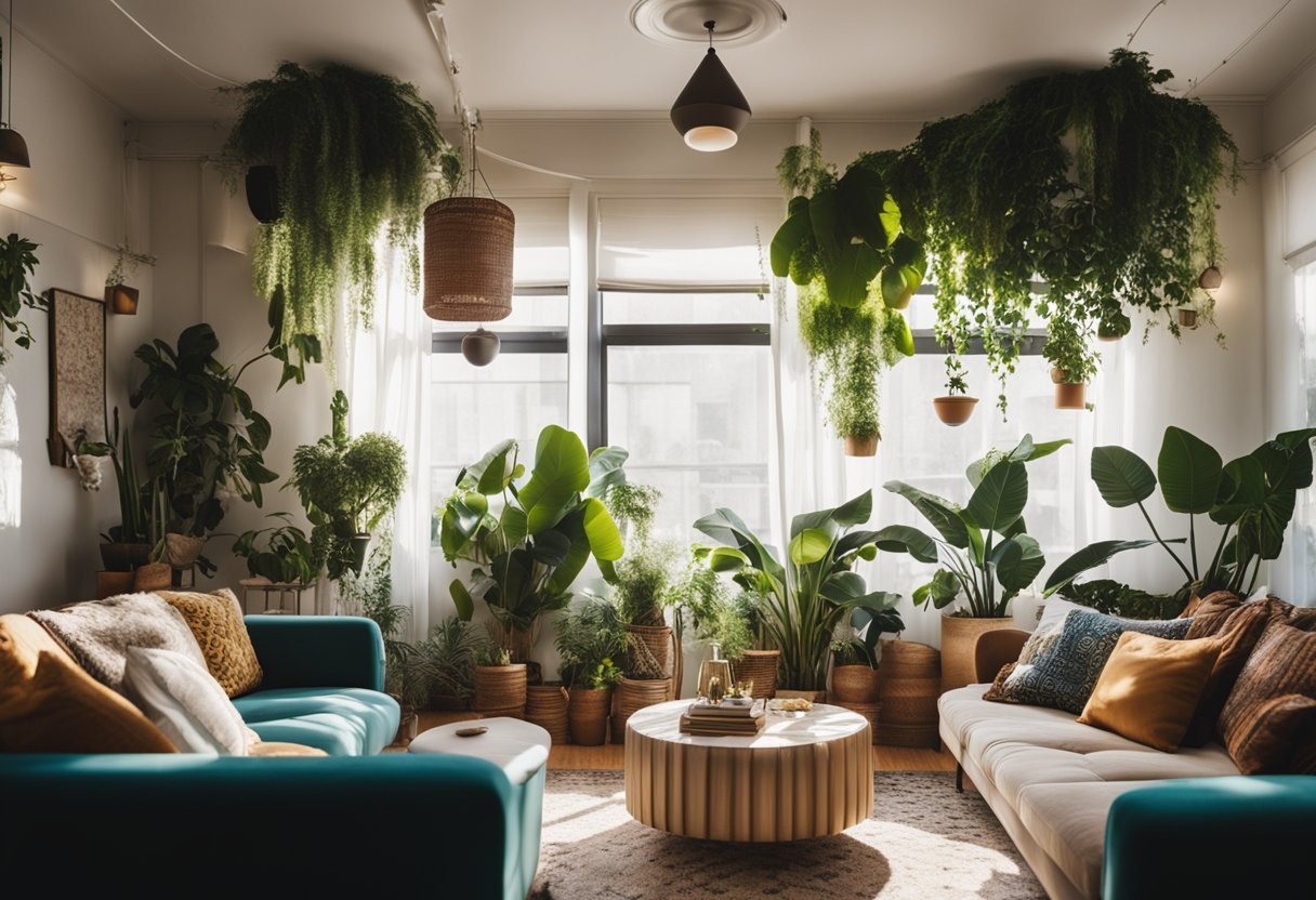 A cozy living room with colorful, mismatched furniture, layered textiles, and eclectic decor. Plants hang from the ceiling, and sunlight streams in through sheer curtains