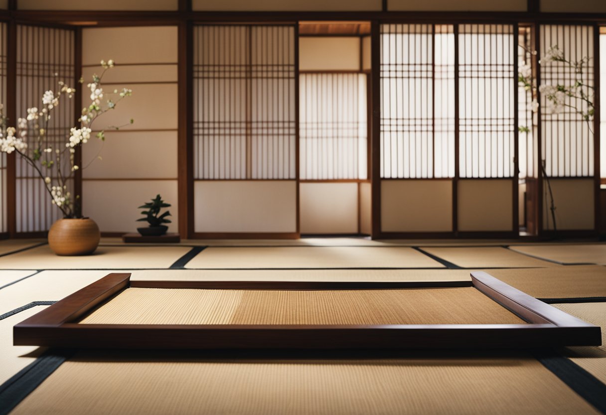A tatami mat room with sliding shoji screens, minimalist furniture, and natural materials like wood and paper. A tokonoma alcove displays a simple flower arrangement and a scroll
