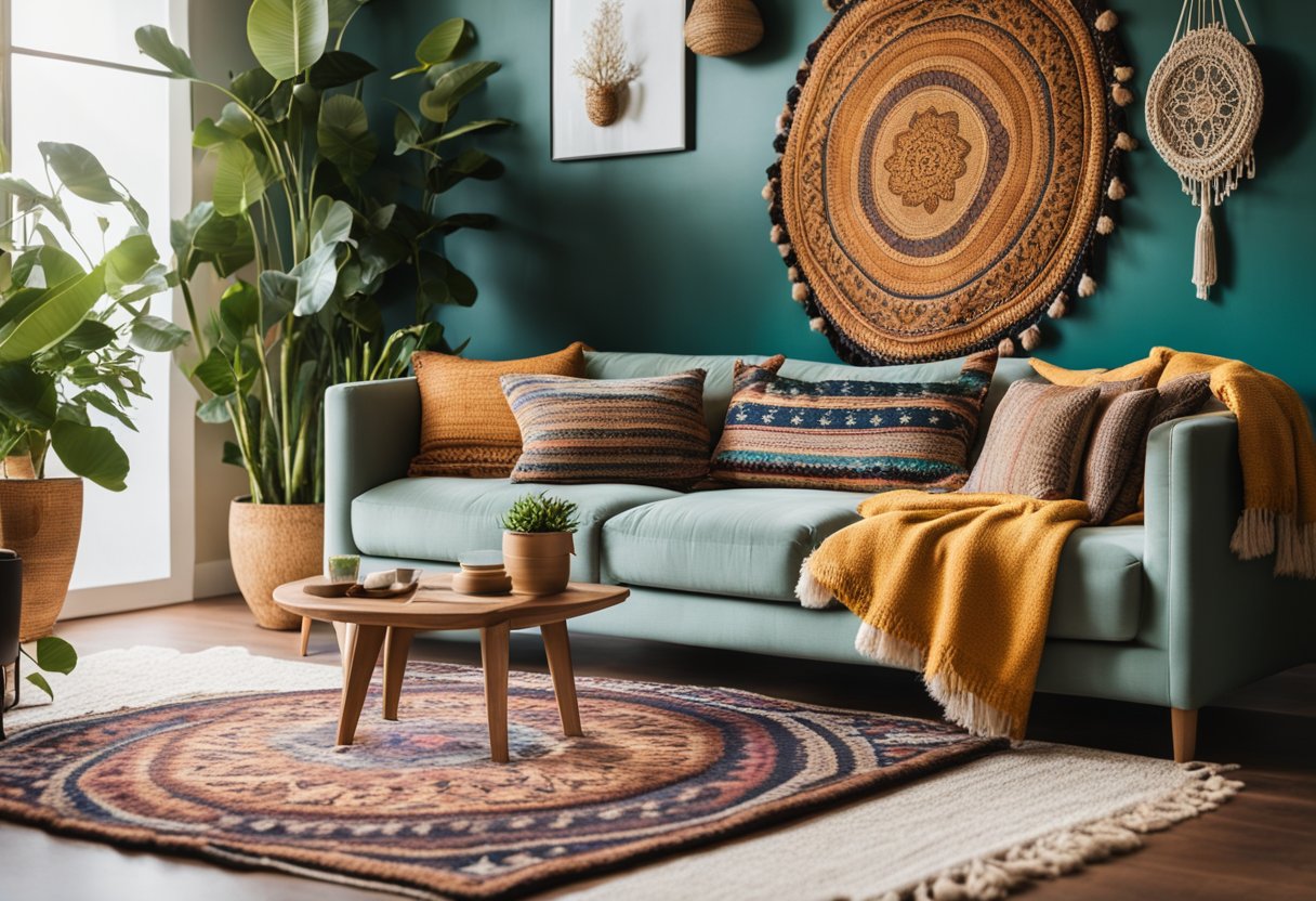 A cozy living room with vibrant colors, layered textures, and eclectic furniture. Plants, macrame wall hangings, and patterned rugs add to the bohemian vibe
