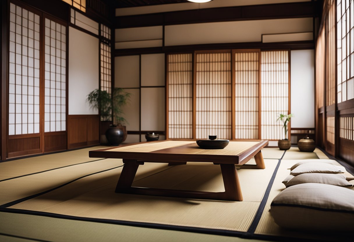 A tatami mat room with sliding shoji doors, low wooden furniture, paper lanterns, and bamboo accents