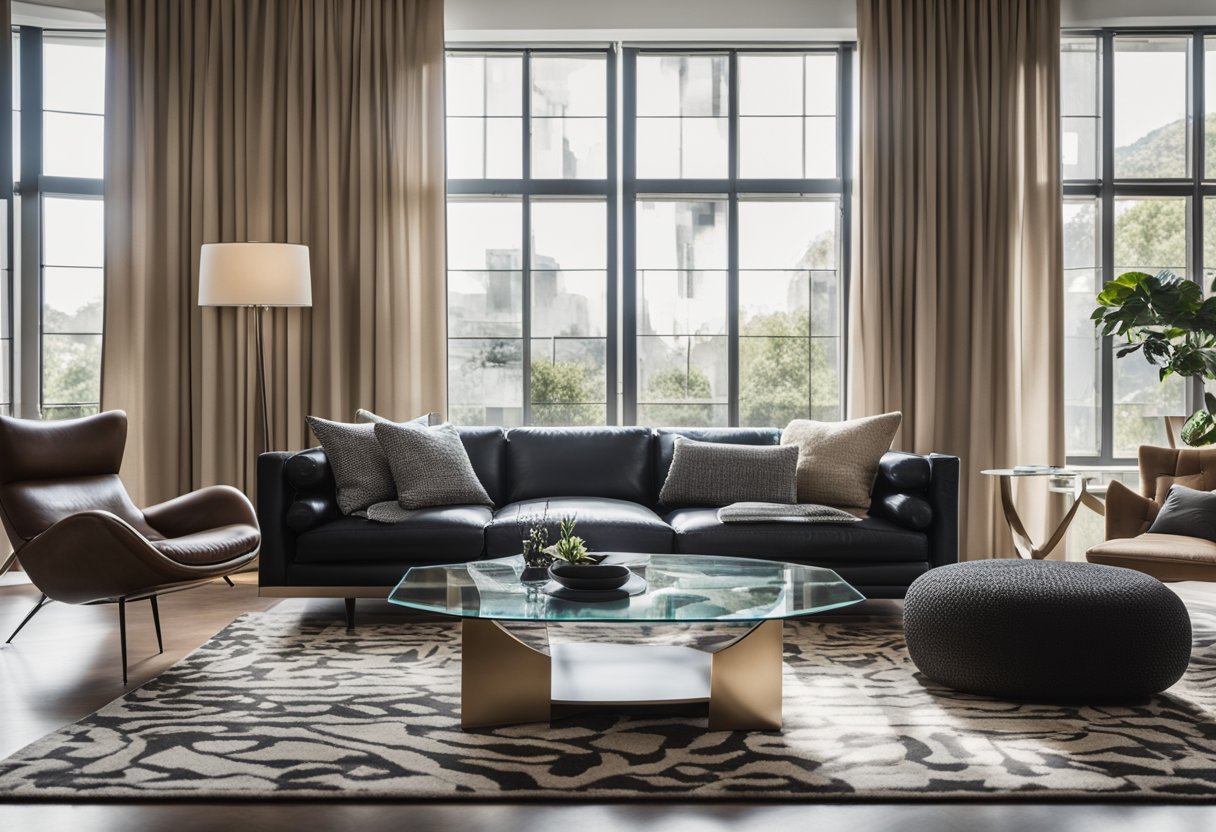 A modern living room with a sleek leather sofa, a glass coffee table, and a contemporary area rug. The walls are adorned with abstract art, and large windows let in plenty of natural light