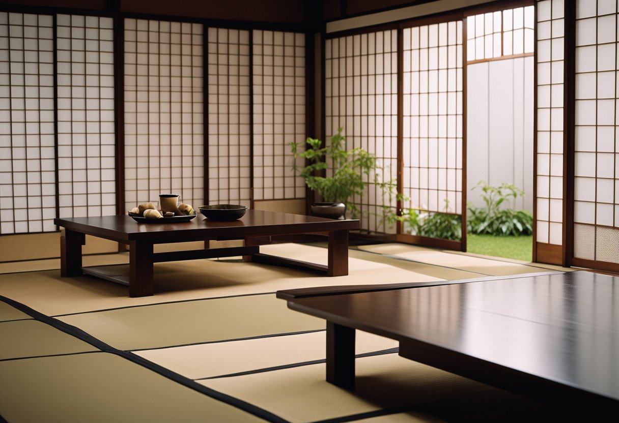 Traditional Japanese interior design features sliding shoji screens, tatami flooring, and minimalistic furniture arrangement