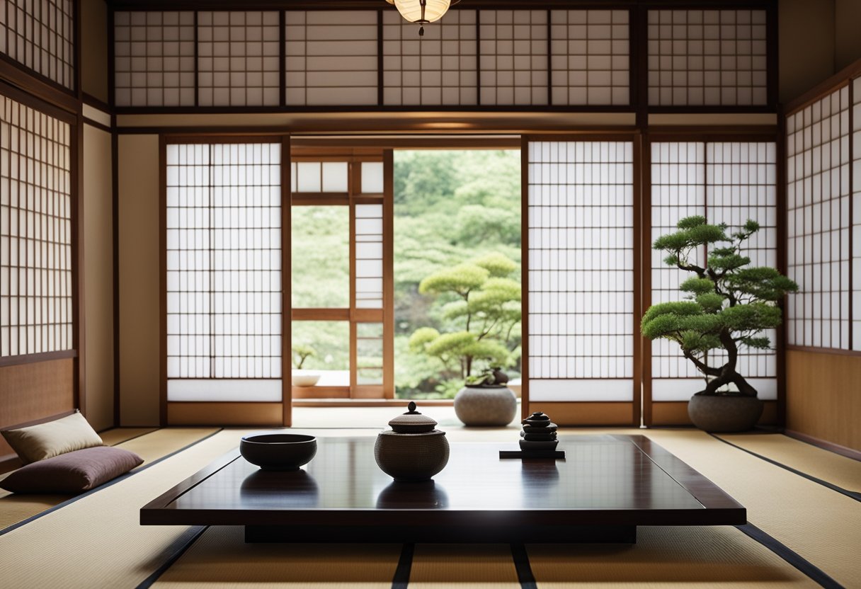 A minimalist Japanese interior with low furniture, shoji screens, tatami mats, and a tokonoma alcove with a scroll and ikebana arrangement