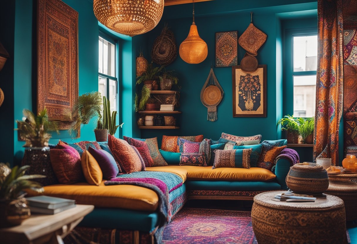 An eclectic mix of vibrant colors and intricate patterns fill the bohemian interior, with layered textiles, bold prints, and ethnic-inspired decor
