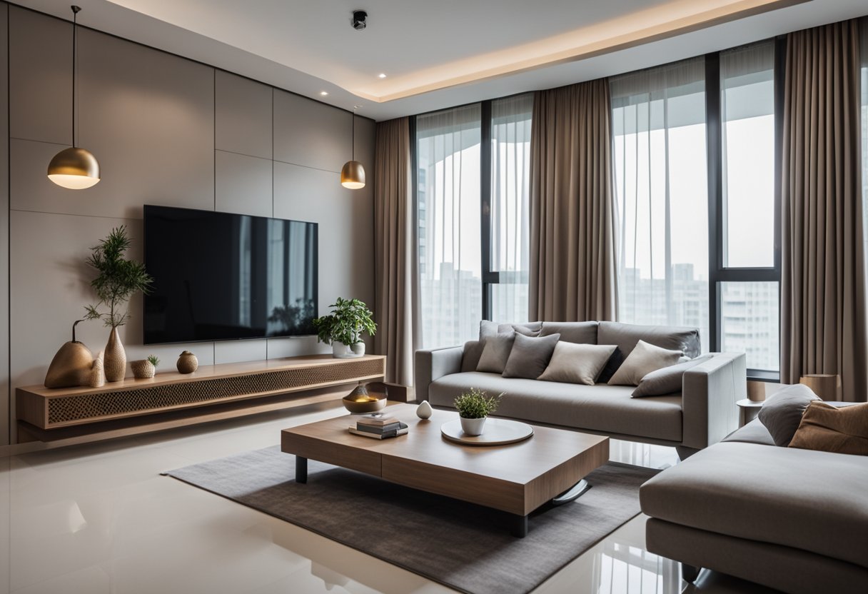 A spacious HDB living room with sleek, minimalist furniture, high-end finishes, and abundant natural light streaming in through large windows