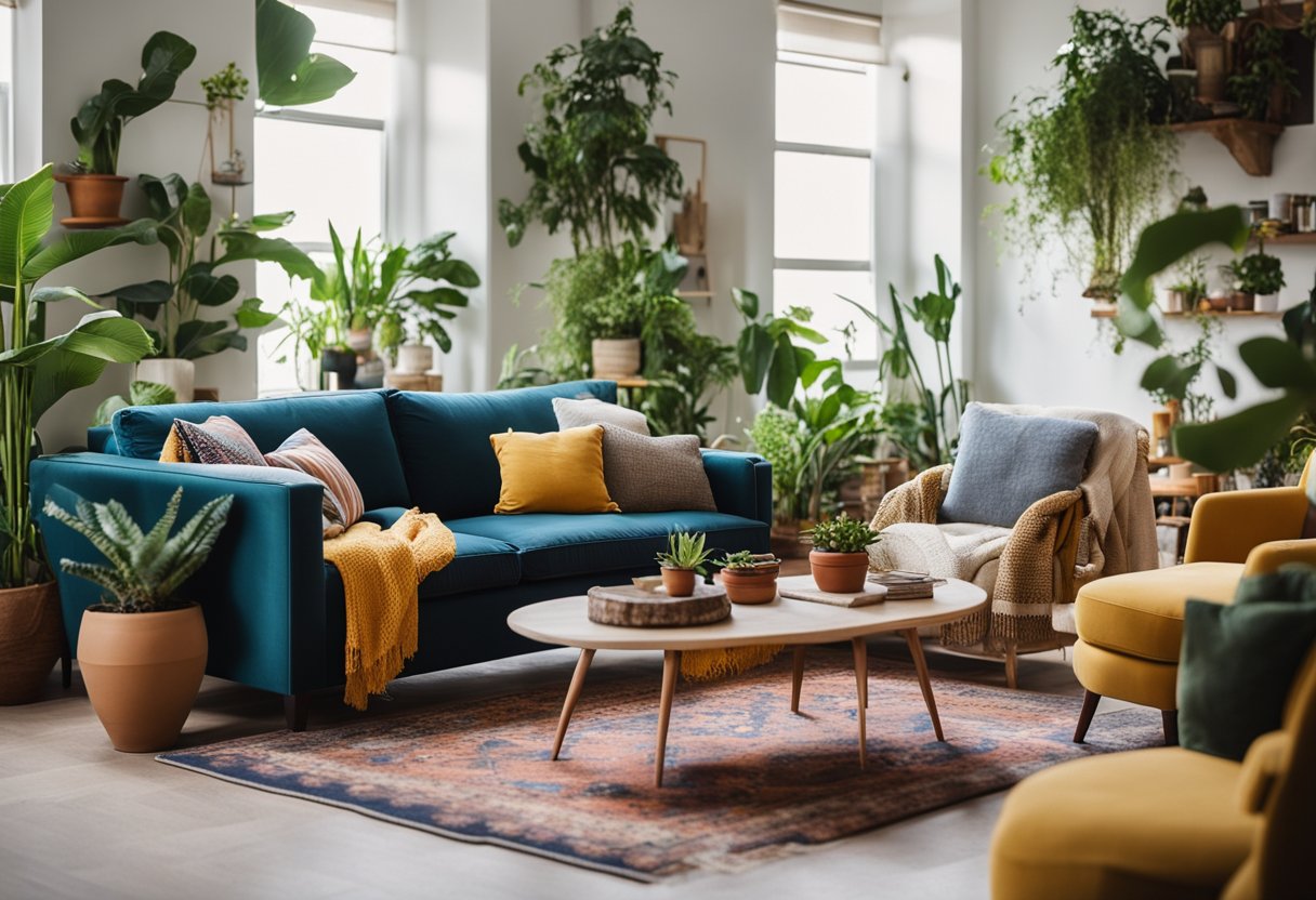 A cozy living room with colorful, mismatched furniture, patterned rugs, and draped fabrics. Plants and eclectic decor fill the space