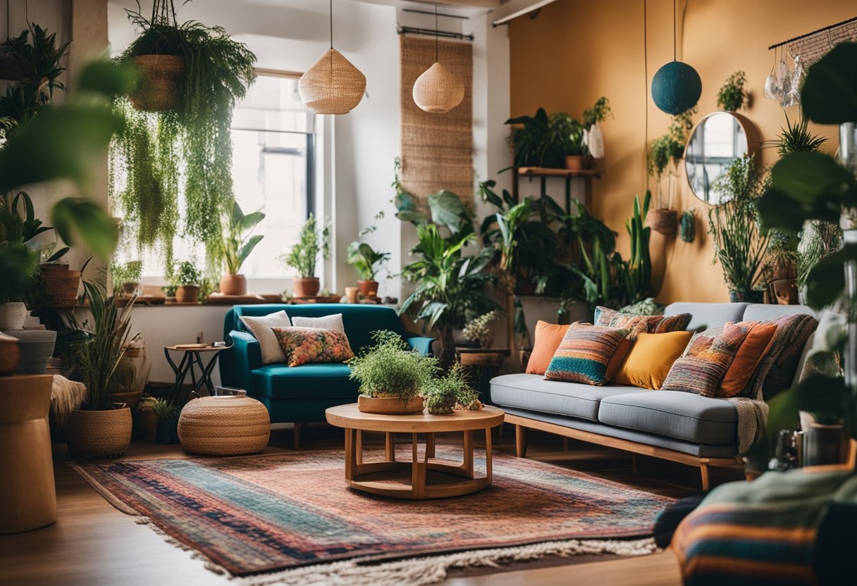 An eclectic room with vibrant textiles, layered rugs, and hanging plants. Mismatched furniture and colorful artwork create a relaxed, bohemian vibe