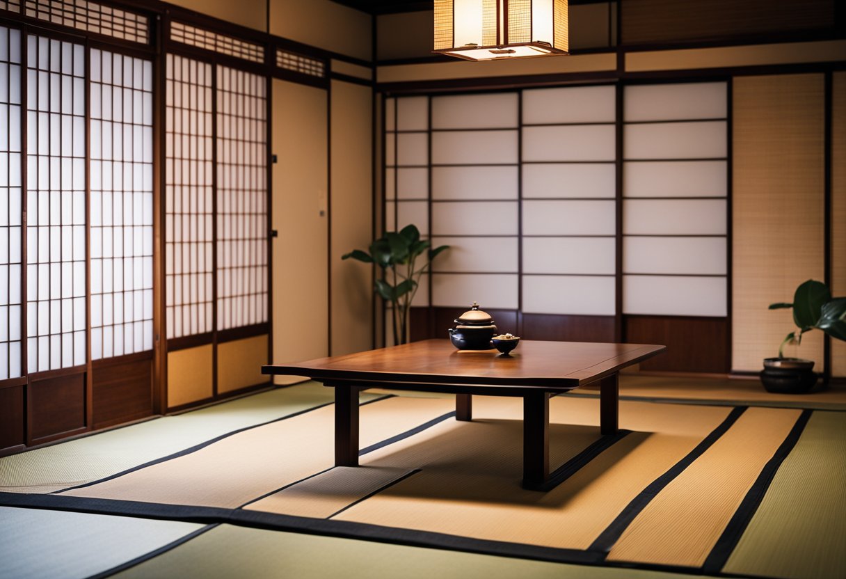 A traditional Japanese tatami room with sliding paper doors, low wooden furniture, and minimal decor influenced by other cultures