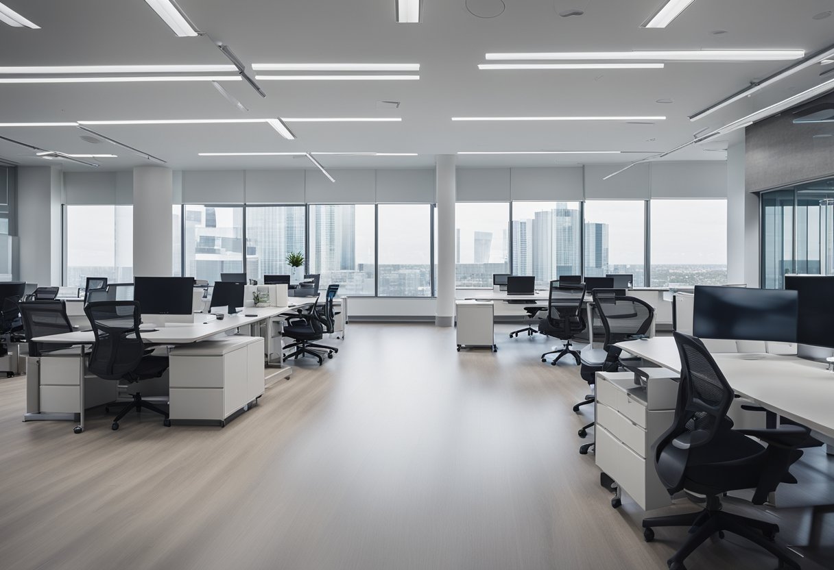 A spacious, well-lit office with modern furniture and open floor plan. Whiteboards and project timelines adorn the walls, while a central meeting area encourages collaboration