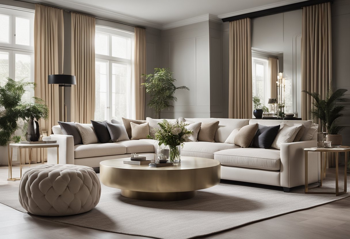 A modern luxury interior design with a neutral color scheme, featuring sleek textures and high-end finishes