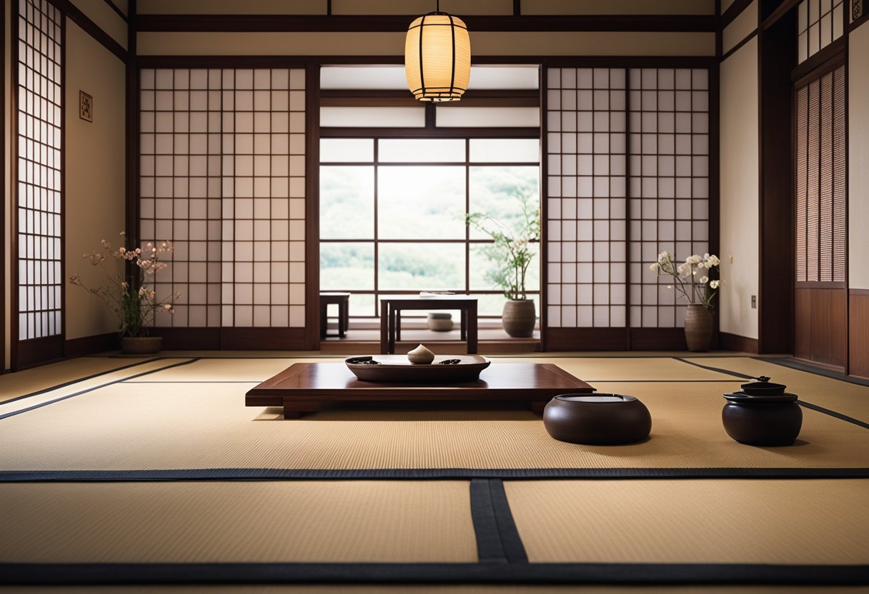 A serene tatami room with low wooden furniture, shoji screens, and a tokonoma alcove displaying a simple flower arrangement