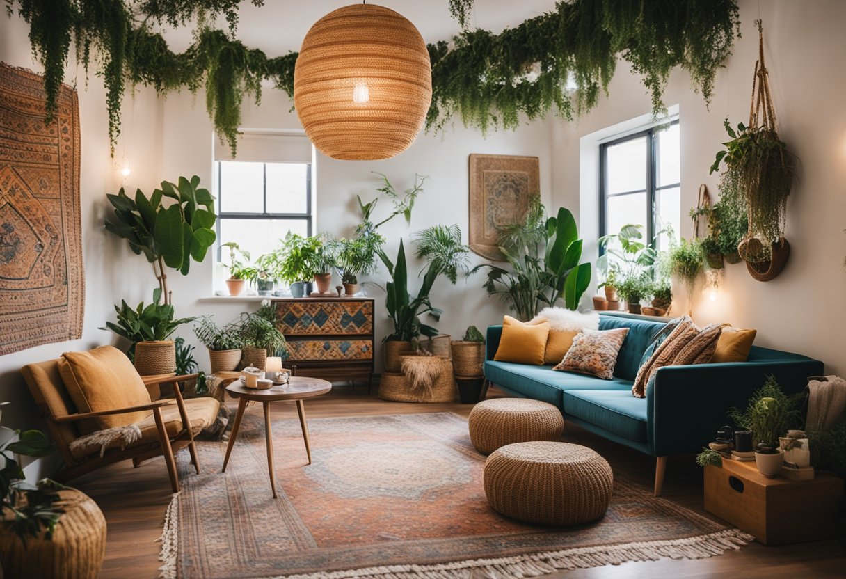 A cozy living room with colorful tapestries, mismatched vintage furniture, and plants hanging from the ceiling. The space is filled with natural light and eclectic decorations, creating a relaxed and bohemian atmosphere