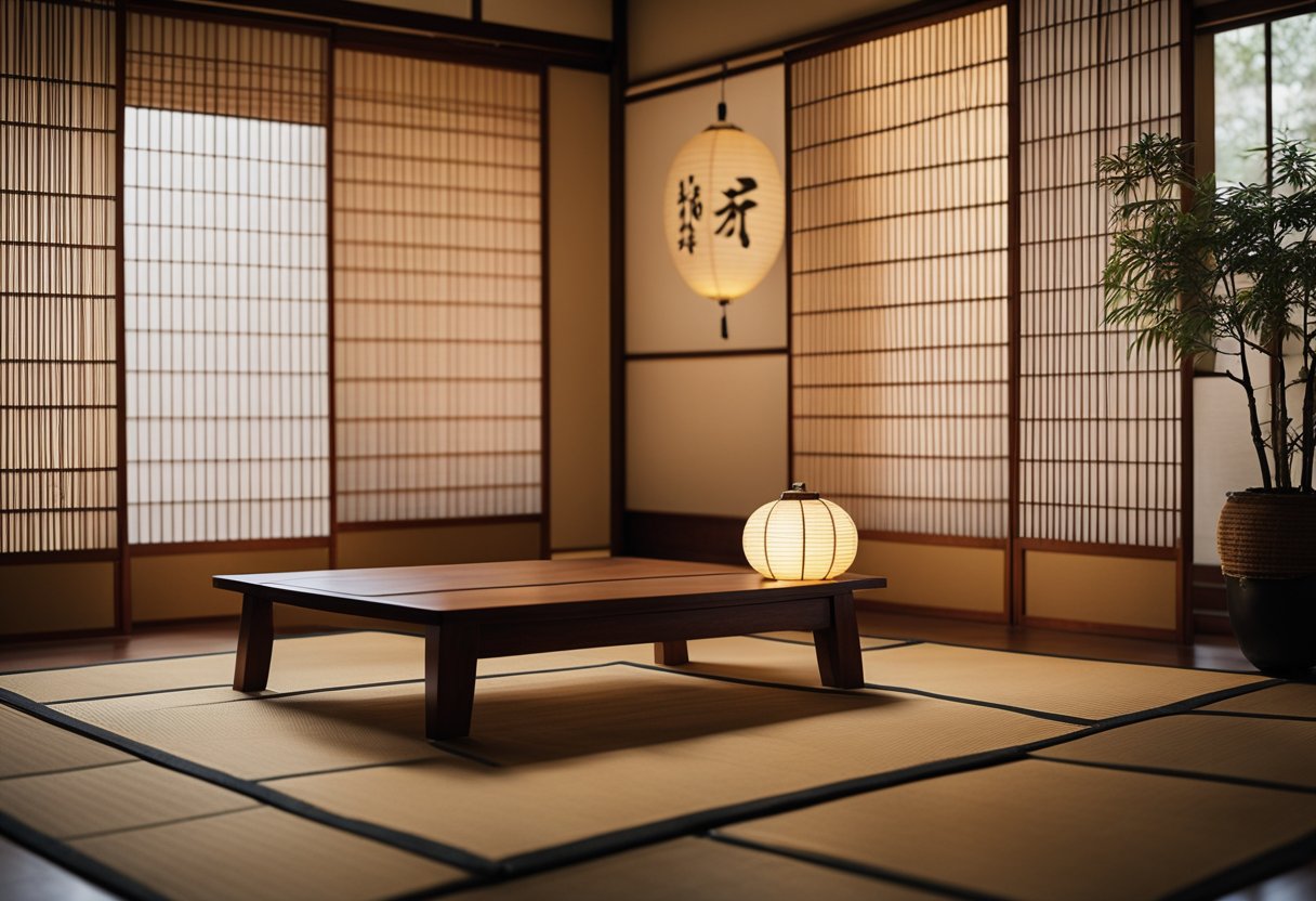 A tatami mat room with sliding shoji doors, low wooden furniture, and paper lanterns casting a warm glow