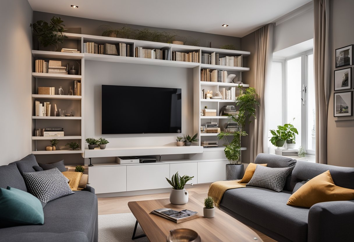 A cozy living room with a multi-functional sofa bed, a fold-out dining table, and wall-mounted shelves maximizing storage in a small space