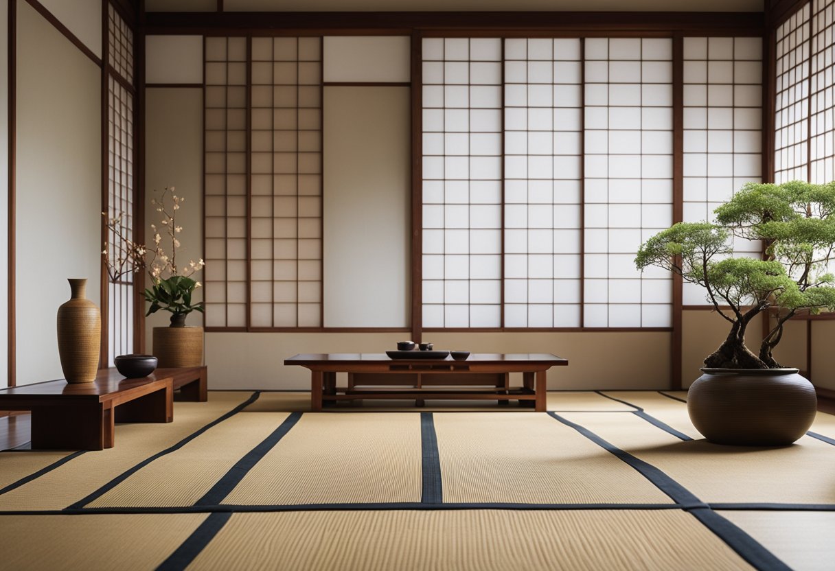 A tatami mat room with sliding shoji doors, low wooden furniture, and minimalist decor. A tokonoma alcove displays a scroll and ikebana arrangement
