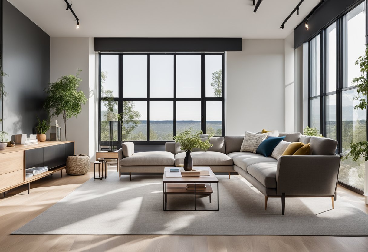 A modern living room with high ceilings, large windows, and minimalistic furniture. The space is filled with natural light and features a neutral color palette with pops of vibrant accents