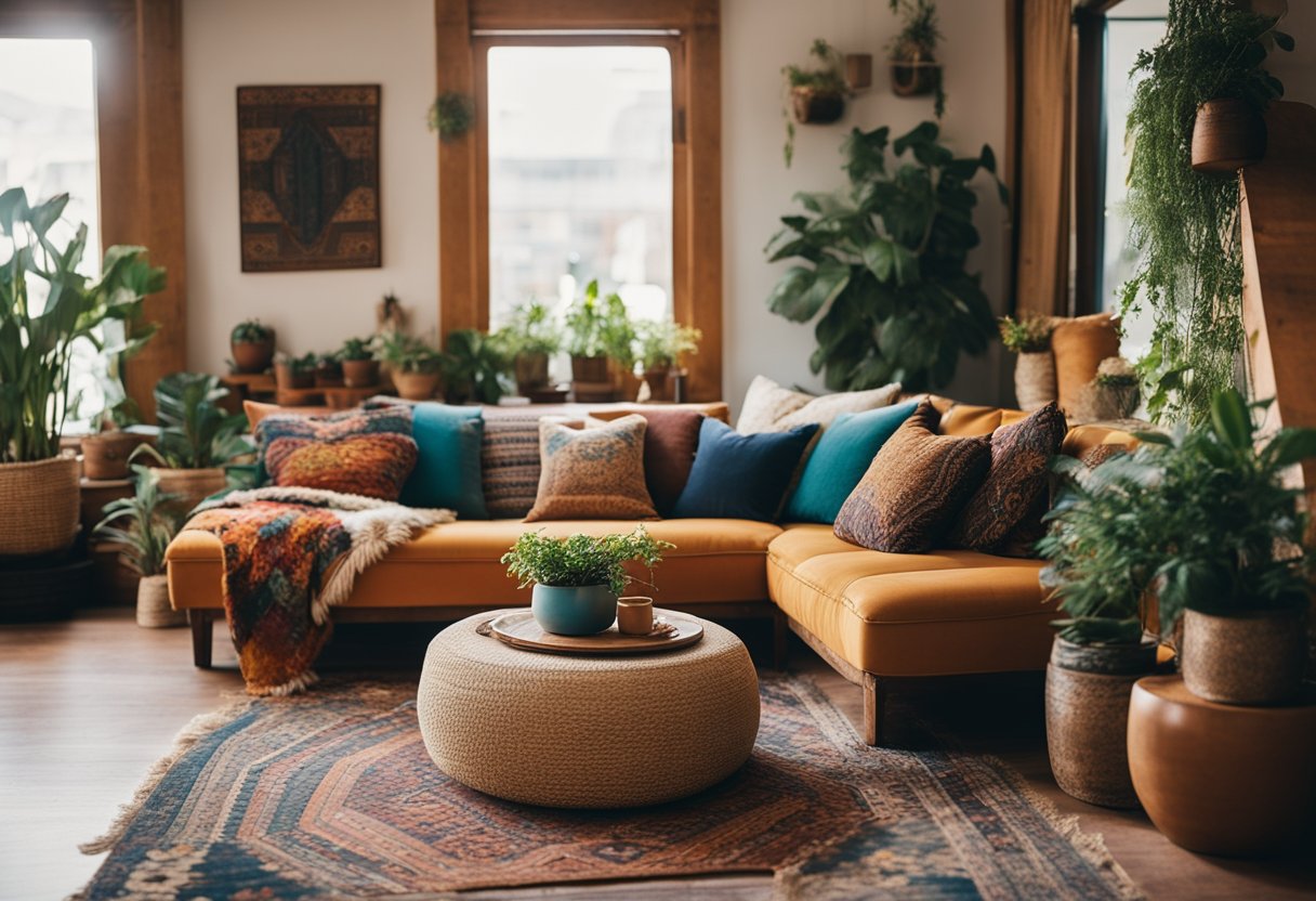 A cozy bohemian interior with colorful textiles, layered rugs, and eclectic decor. A low-slung sofa with throw pillows, hanging plants, and vintage artwork add to the relaxed and artistic atmosphere