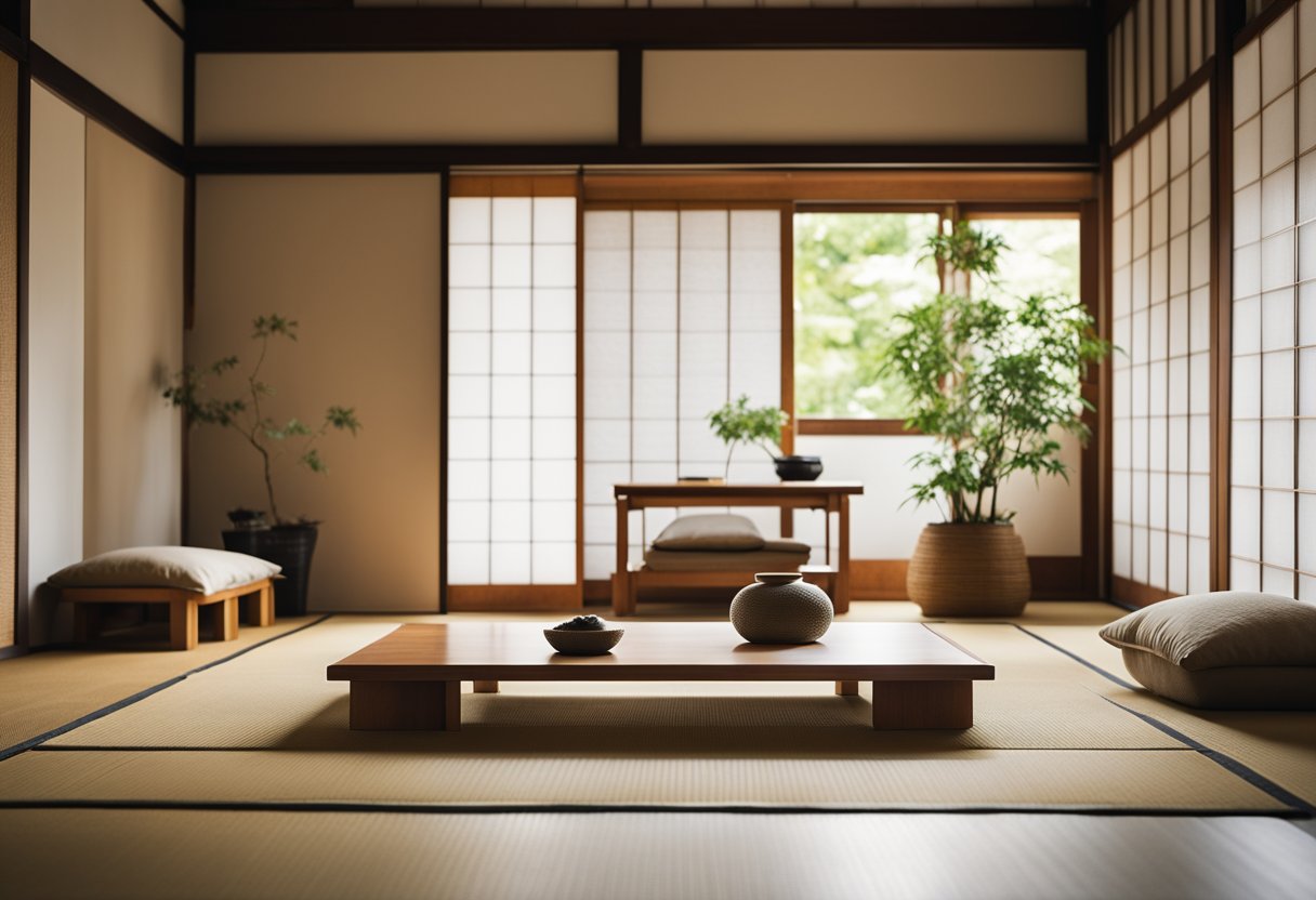 Clean lines, natural materials, and neutral colors define a serene Japanese minimalist interior. A low wooden table sits on tatami mats, surrounded by floor cushions. Shoji screens let in soft, diffused light
