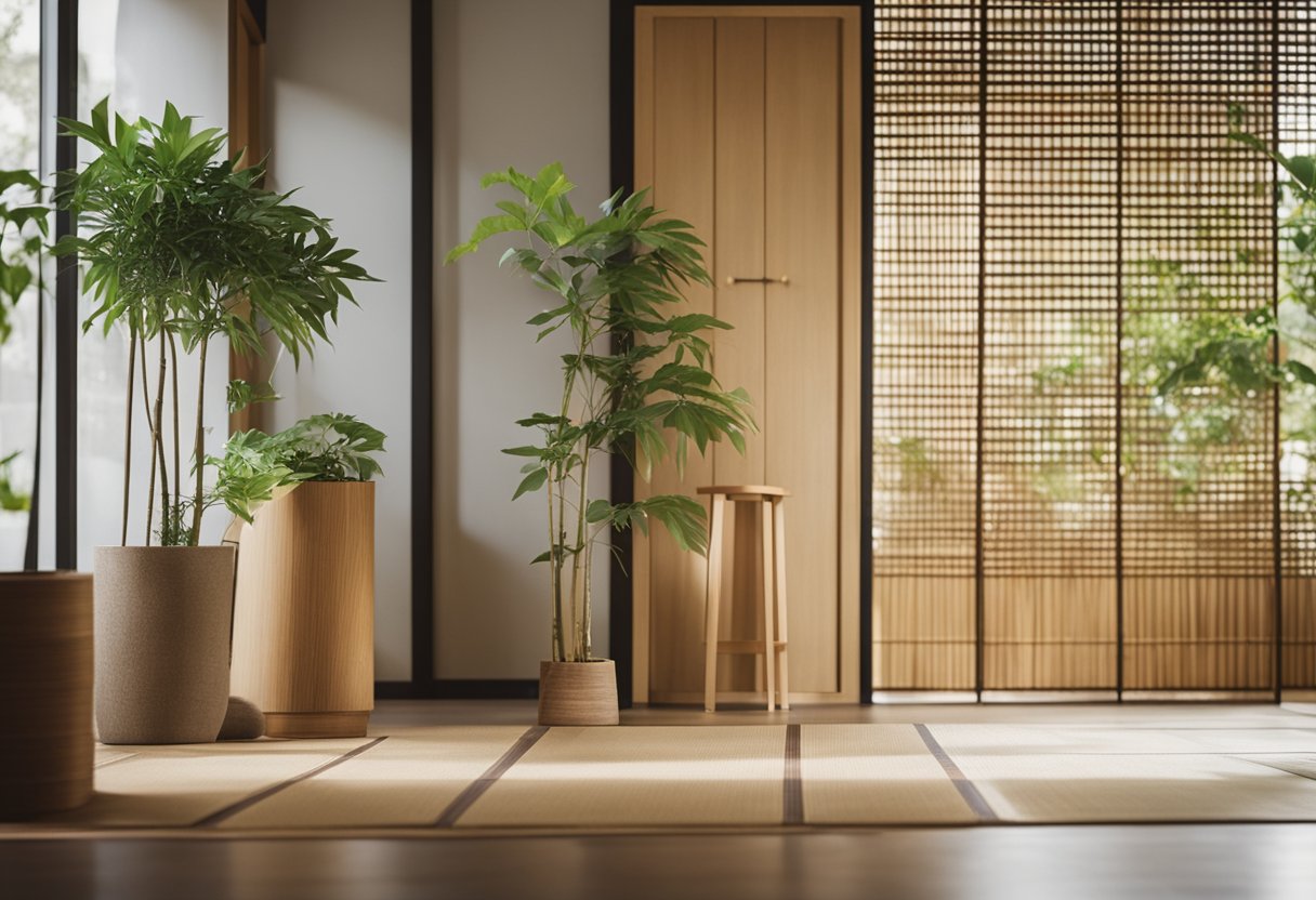 A minimalist Japanese interior with natural materials, bamboo accents, and energy-efficient lighting. Recycle bins and indoor plants contribute to the eco-friendly atmosphere