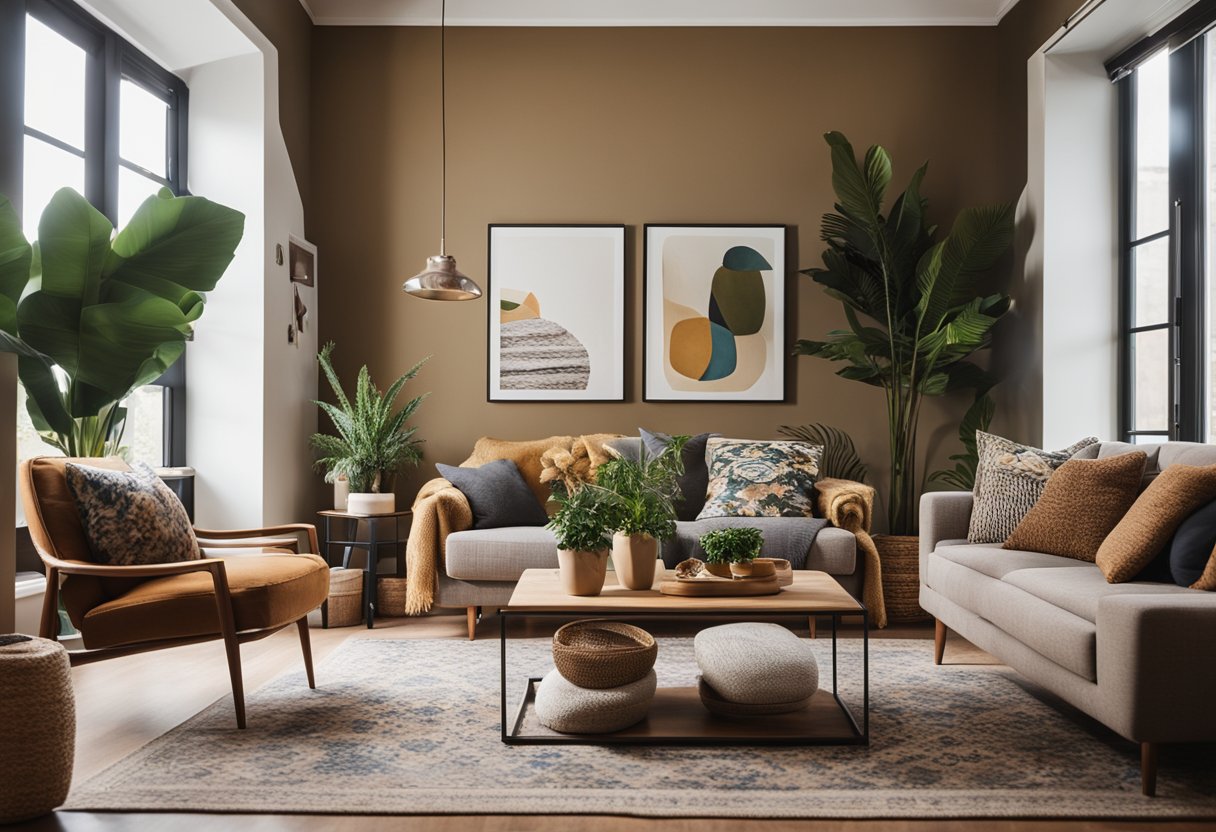 A cozy living room with eclectic furniture, earthy tones, and vibrant textiles. Plants and artwork adorn the walls, creating a relaxed and artistic atmosphere