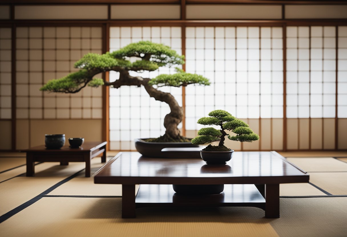 A minimalist Japanese living room with sliding shoji screens, tatami mats, and a low wooden table with floor cushions. A bonsai tree and ikebana arrangement add natural elements to the serene space