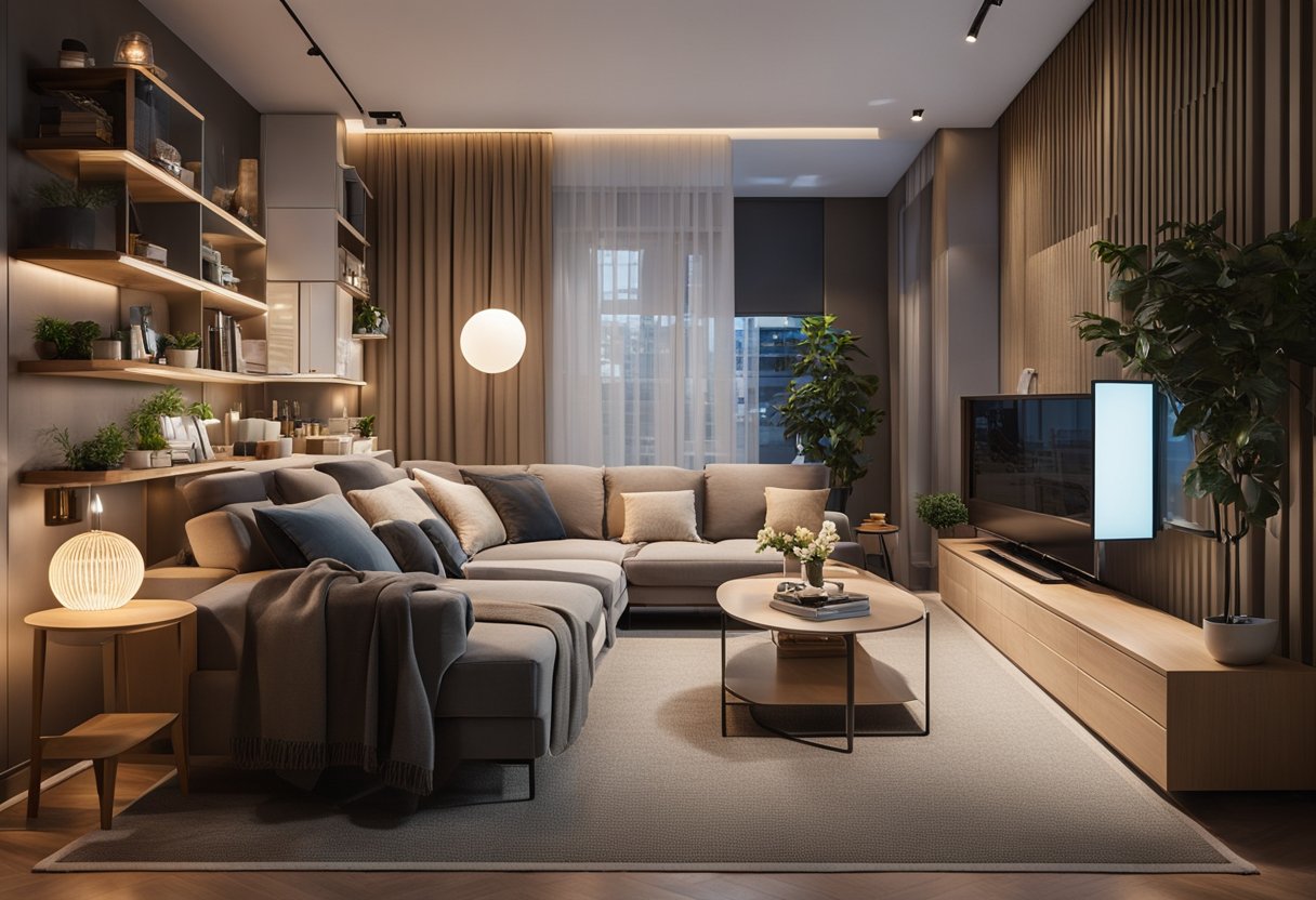 A cozy living room with clever storage solutions, multipurpose furniture, and strategic lighting to maximize space in a small apartment