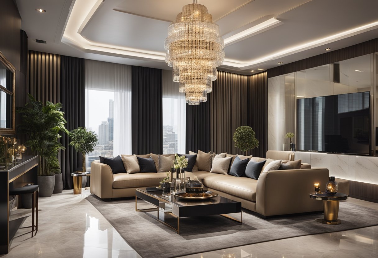 A sleek, open-concept living room with marble floors, leather furniture, and metallic accents. A statement chandelier hangs from the ceiling, casting a warm glow over the space