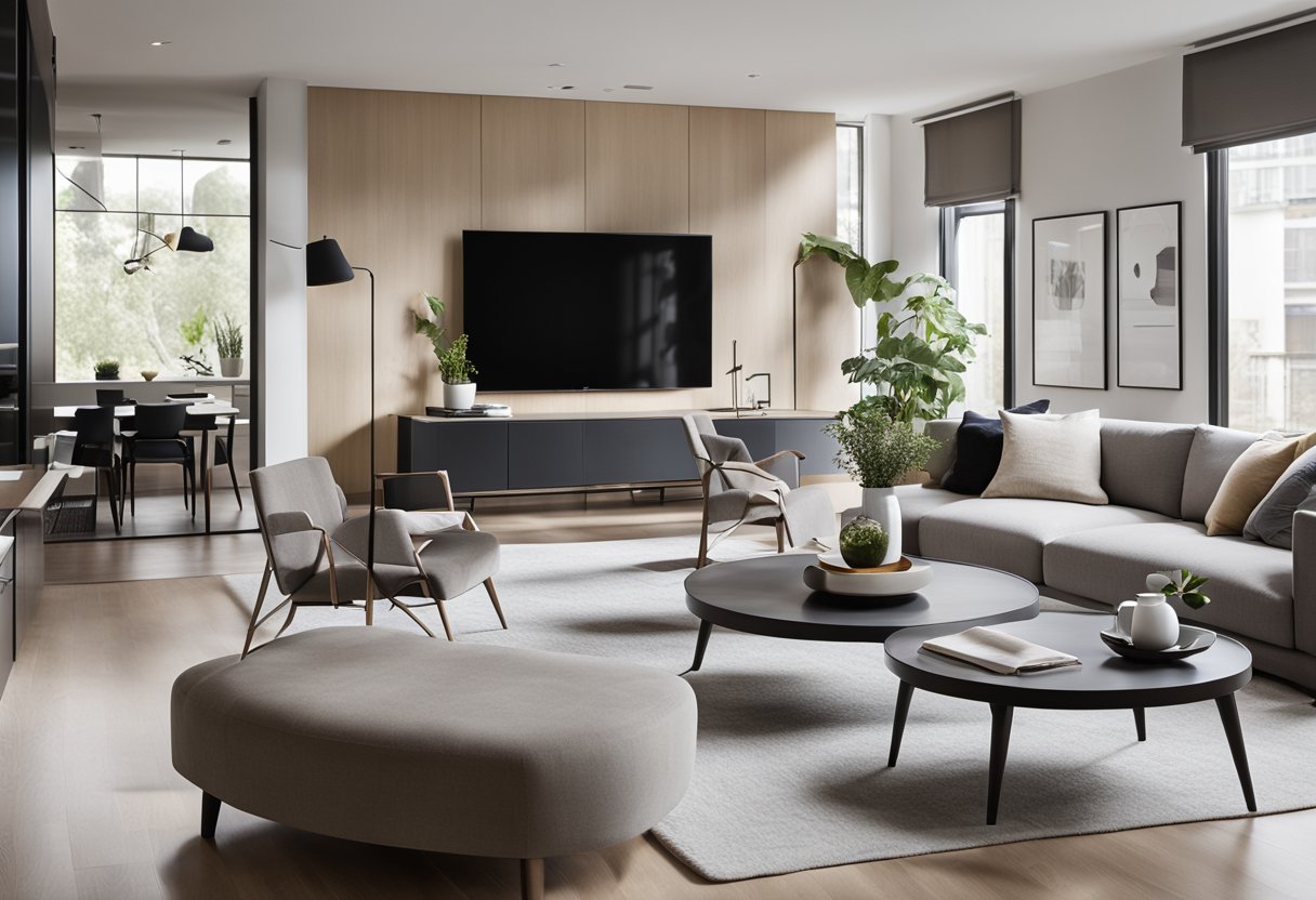 A modern, open-concept living space with sleek, multifunctional furniture and minimalist decor. Natural light floods the room, highlighting the clean lines and neutral color palette