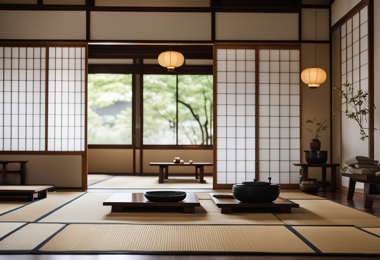 A serene Japanese interior with traditional tatami mats, sliding shoji screens, and minimalistic decor. A low table with floor cushions and a peaceful ambiance