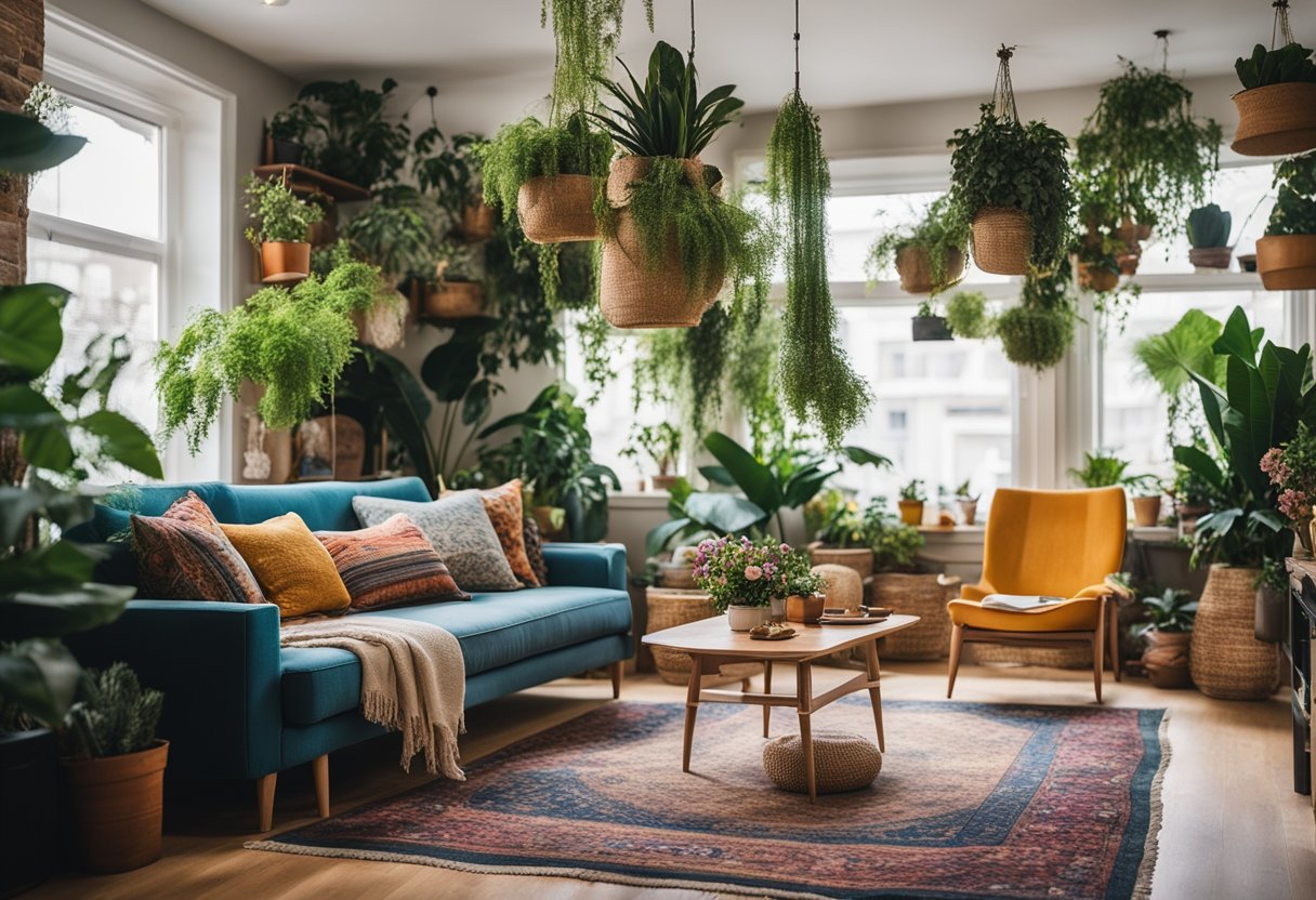 A cozy living room with colorful tapestries, mismatched furniture, and vibrant patterns. Plants hang from the ceiling, and natural light floods the space, creating a relaxed and eclectic atmosphere