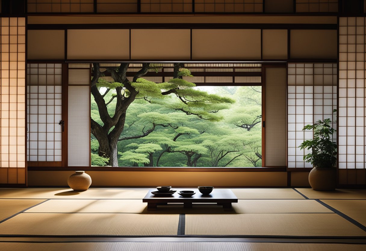 A serene Japanese minimalist interior with clean lines, natural materials, and sparse decor. Sliding shoji screens let in soft light, and a low, simple table sits on tatami mats