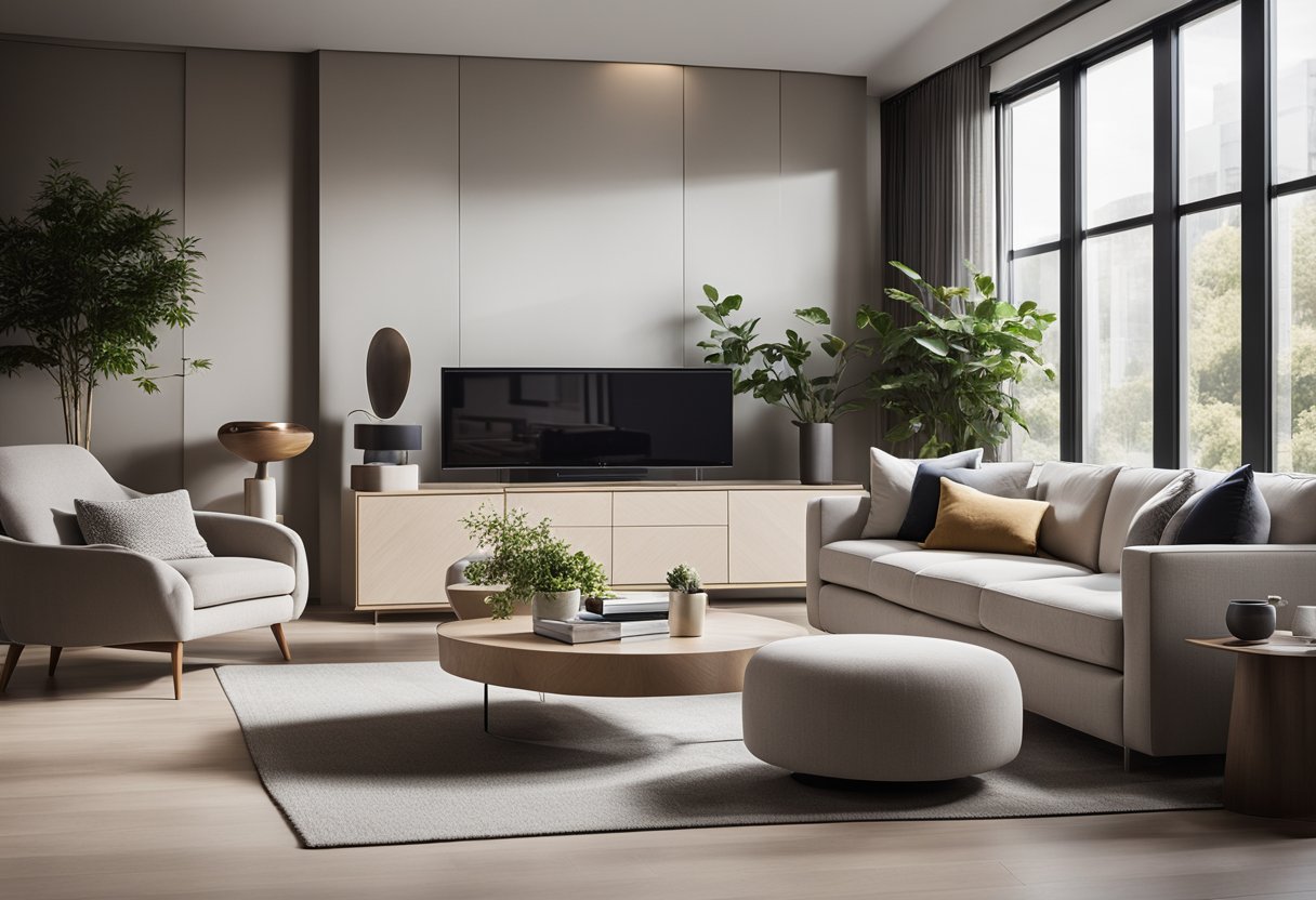 A modern living room with clean lines, neutral colors, and minimalistic furniture. Natural light streams in through large windows, highlighting the sleek design elements