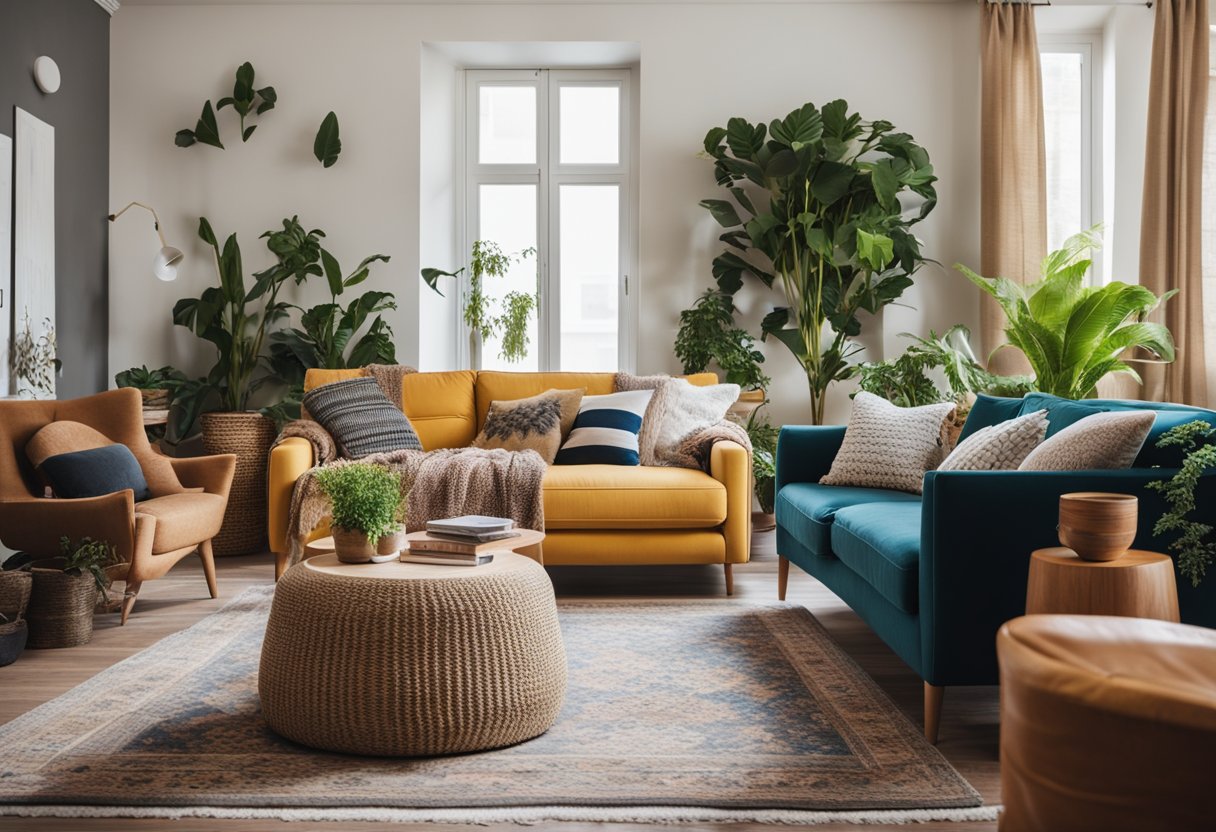 A cozy living room with colorful textiles, mismatched furniture, and an abundance of plants. The space exudes a relaxed and eclectic vibe, with layered rugs and textured fabrics creating a warm and inviting atmosphere