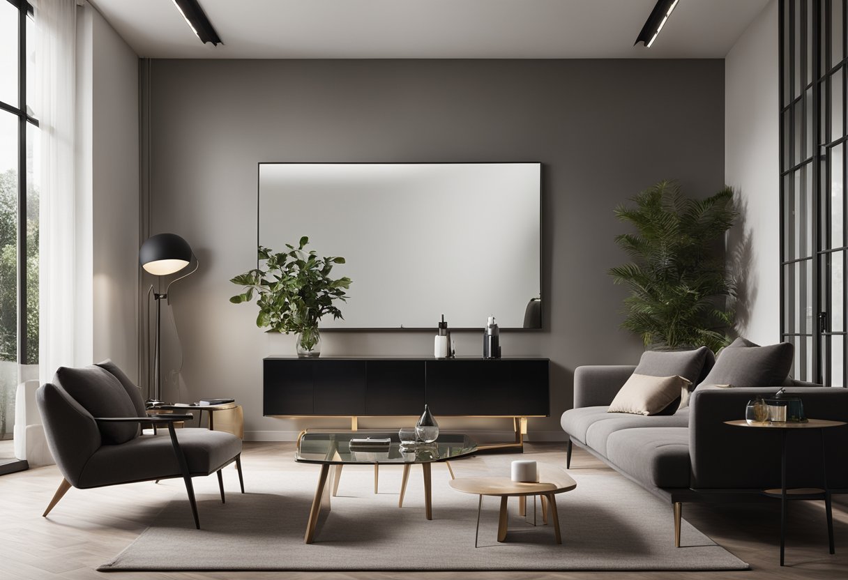 A sleek, minimalist living room with designer furniture, a statement light fixture, and a large, contemporary wall mirror
