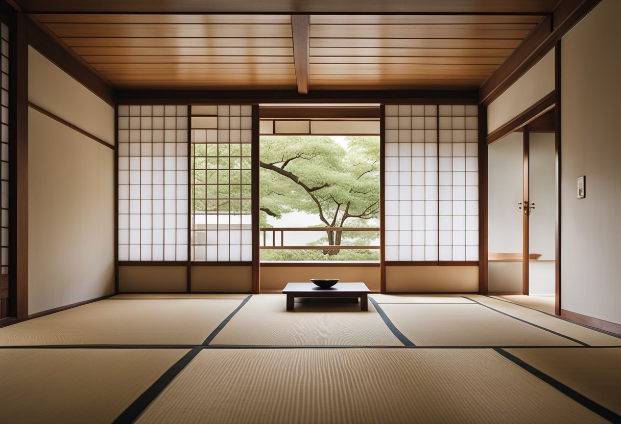 Clean lines, neutral colors, and natural materials create a serene Japanese minimalist interior. Low furniture, tatami mats, and shoji screens complete the tranquil atmosphere