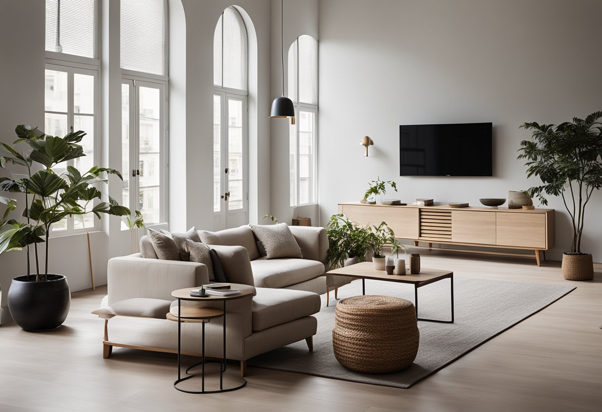 A spacious, uncluttered room with clean lines, natural materials, and neutral colors. Minimal furniture and decor, with a focus on open space and simplicity
