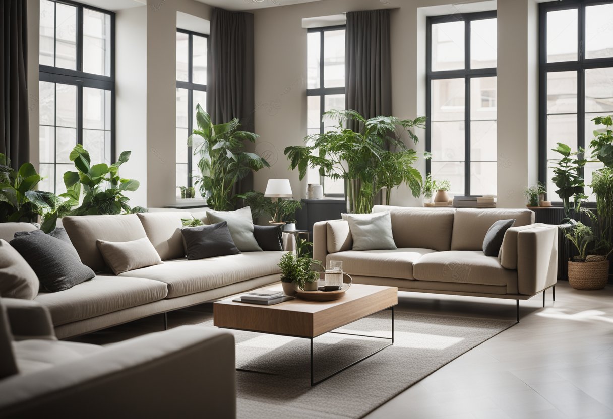 A modern living room with minimalist furniture and a neutral color palette. Large windows let in natural light, and plants add a touch of greenery