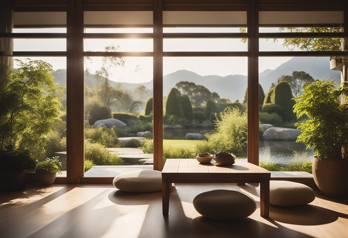 A sunlit room with clean lines, a low wooden table, and floor cushions. Large windows overlook a peaceful garden with rocks and a small pond