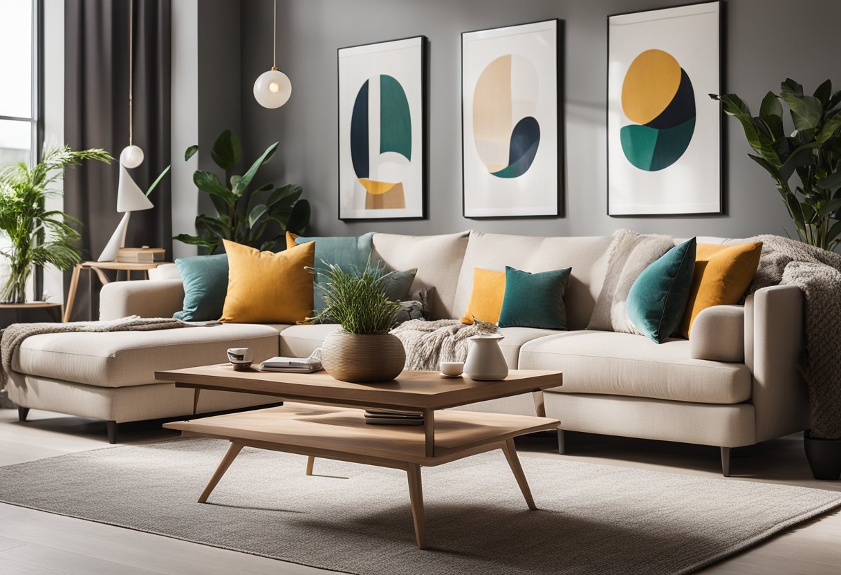 A modern living room with a cozy sofa, stylish coffee table, and vibrant artwork. Clean lines, neutral colors, and natural light create a welcoming atmosphere