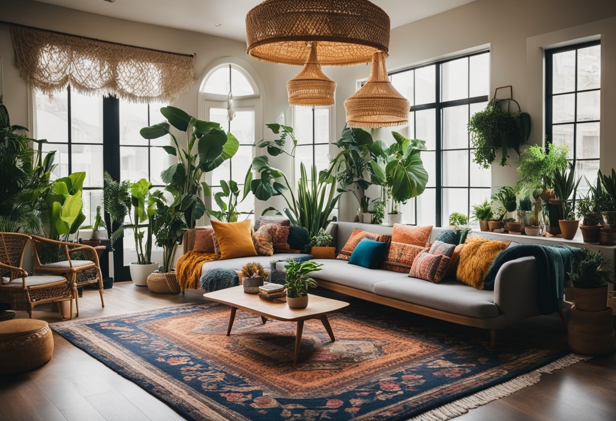 A cozy living room with eclectic furniture, colorful rugs, and vibrant artwork. Plants and macrame hang from the ceiling, creating a relaxed and artistic atmosphere