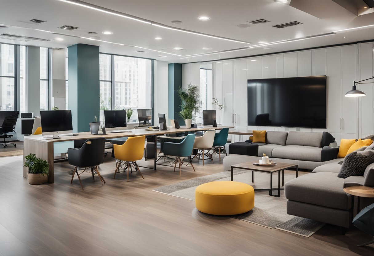 A spacious, well-lit room with modern furniture and vibrant accent colors. Functional layout with designated areas for work, relaxation, and socializing