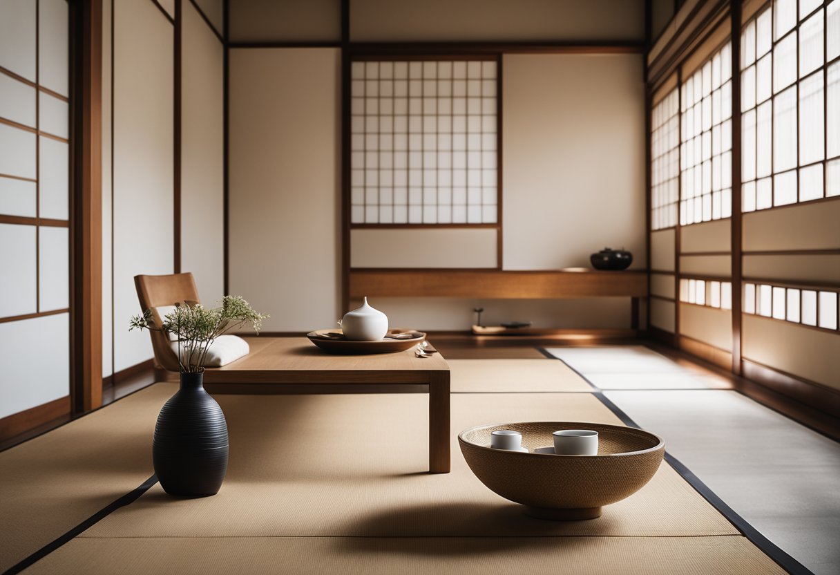 A serene Japanese minimalist interior with traditional elements and modern adaptations. Clean lines, natural materials, and carefully curated decor create a sense of calm and harmony