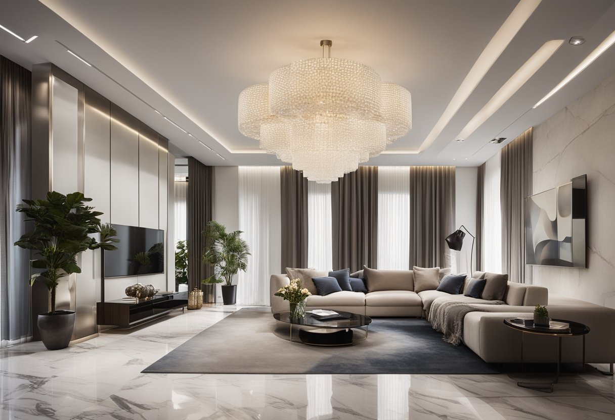 A sleek, minimalist living room with plush furniture, metallic accents, and abstract art. A statement chandelier hangs from the high ceiling, casting a warm glow over the polished marble floors