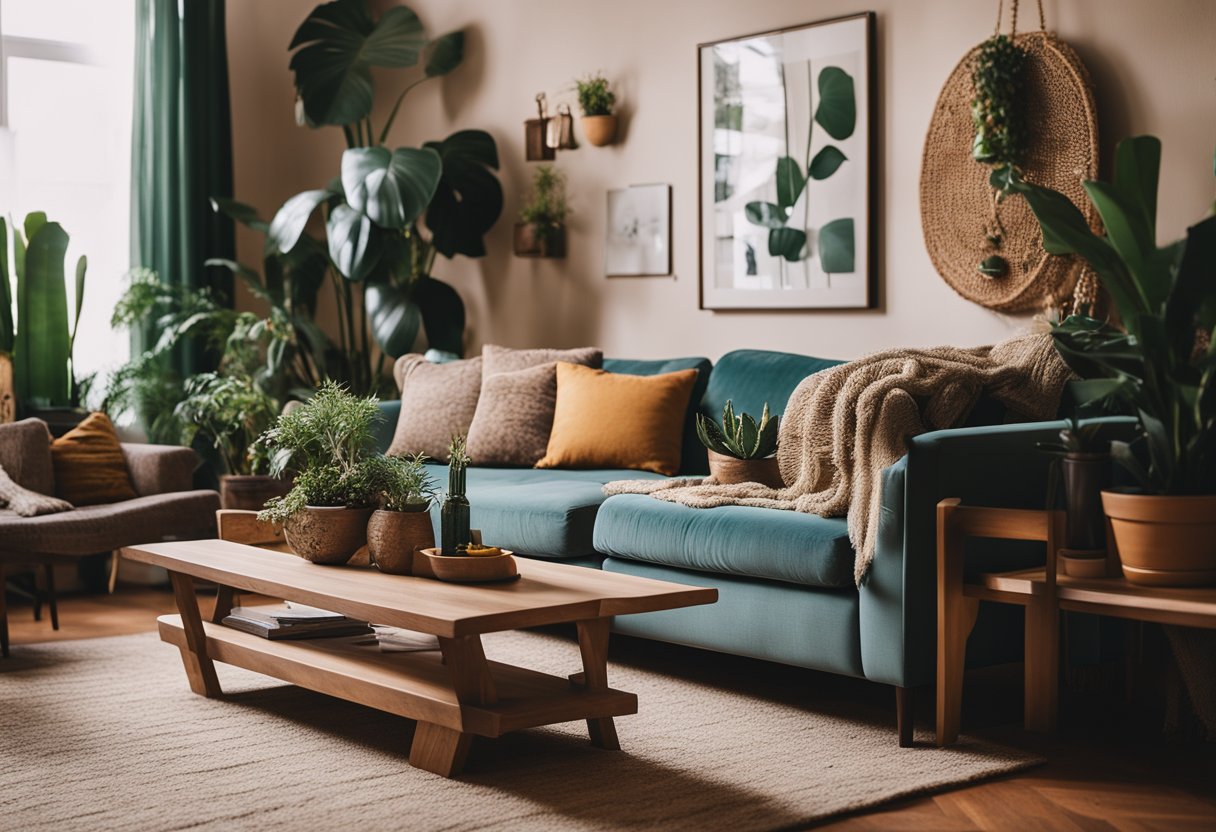 A cozy bohemian living room with eclectic furniture, vibrant colors, and layered textures. A mix of vintage and modern decor, with plants and artwork creating a relaxed and artistic atmosphere