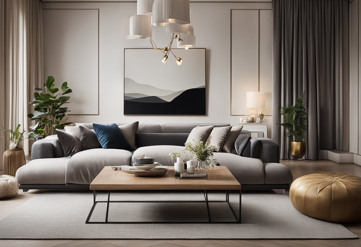 A modern luxury interior with plush textiles and soft furnishings, featuring a sleek sofa, elegant curtains, and a cozy rug