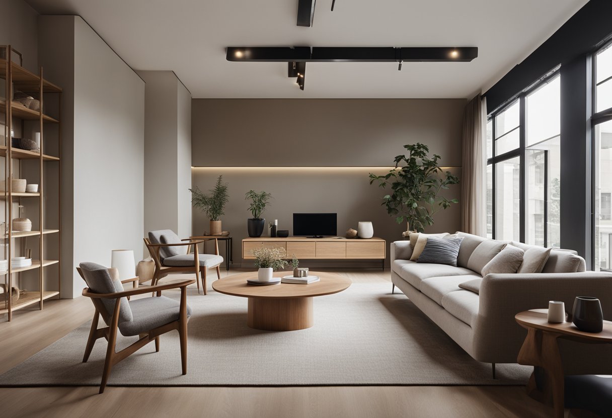 A serene, clutter-free space with clean lines, natural materials, and neutral colors. Simple furniture and unadorned walls create a sense of calm and balance