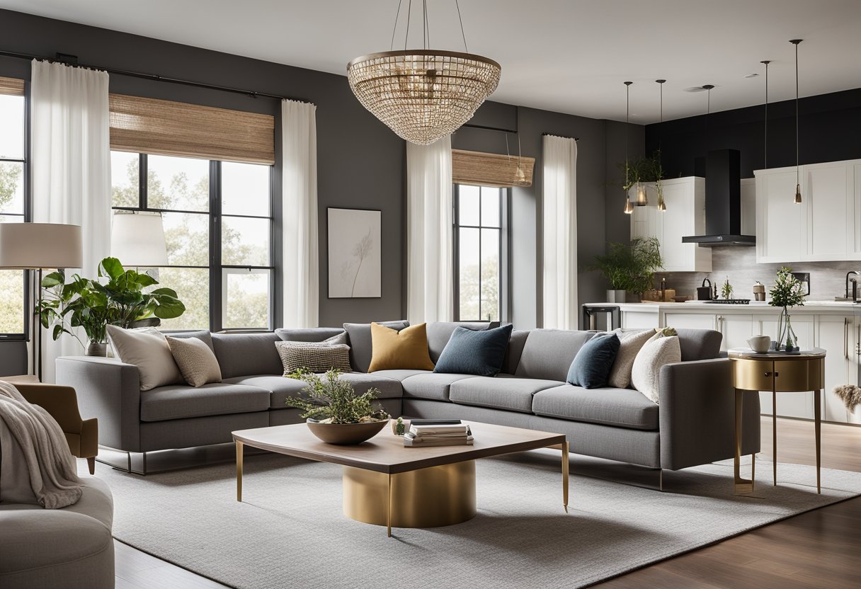 A spacious living room with sleek, minimalist furniture and large windows allowing natural light to flood the space. The color palette is neutral with pops of bold, luxurious accents