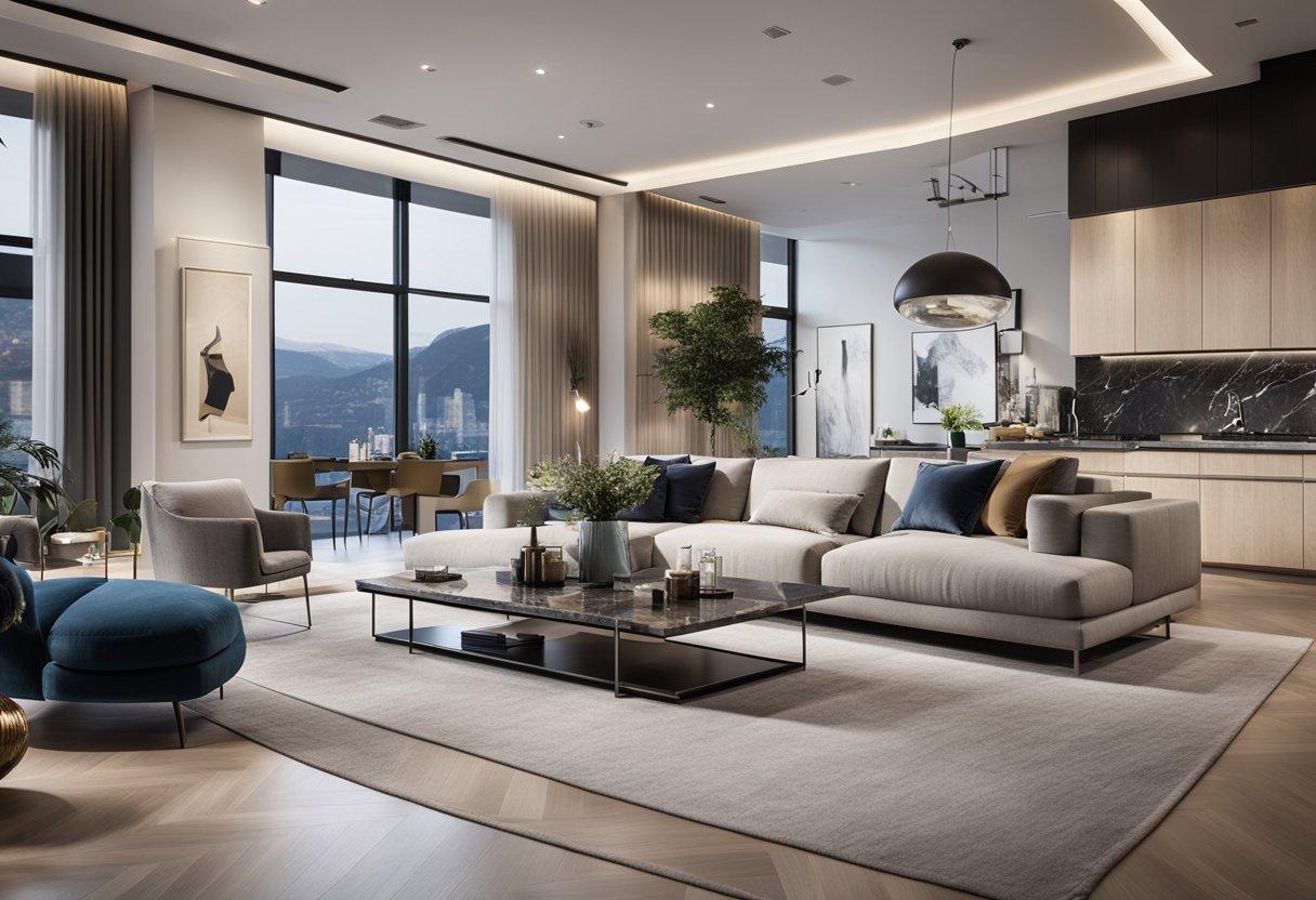 A spacious living room with sleek furniture, accent lighting, and a statement wall showcasing modern art. The open-concept kitchen features marble countertops and high-end appliances