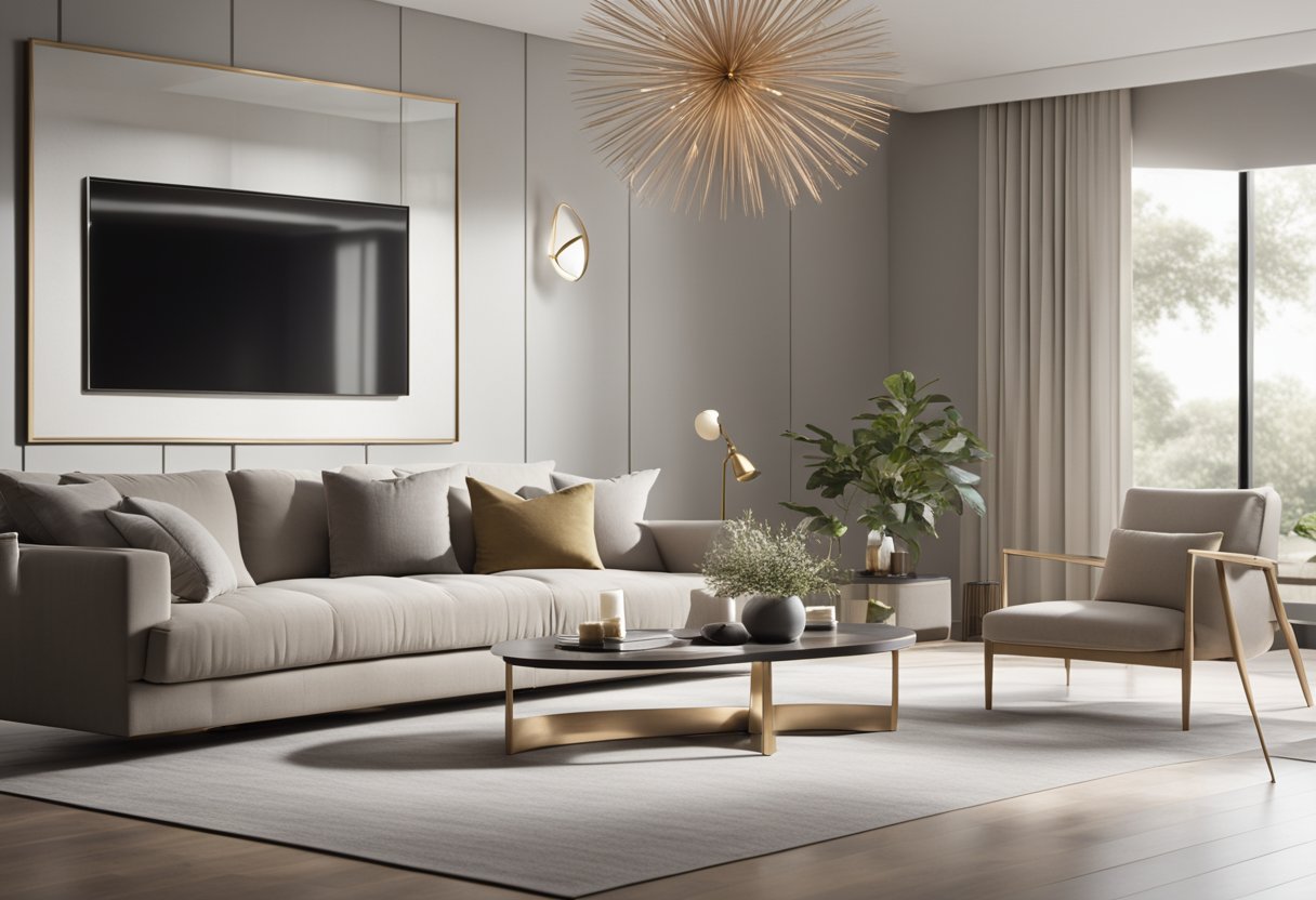 A sleek, minimalist living room with high-end furniture and clean lines. Neutral color palette with pops of metallic accents. Open space with natural light