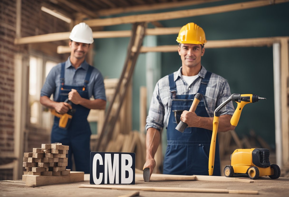 A construction worker using a hammer to renovate a house, with a sign for "CIMB renovation loan" in the background